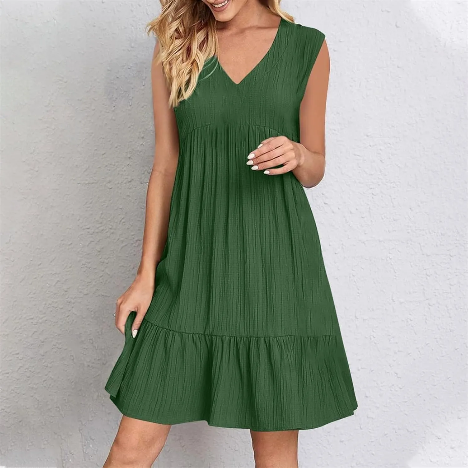 Summer Dresses for Women 2025 Vacation Sleeveless v Neck Mini T Shirt Dress Pleated Ruffle Flowy Beach Sundresses