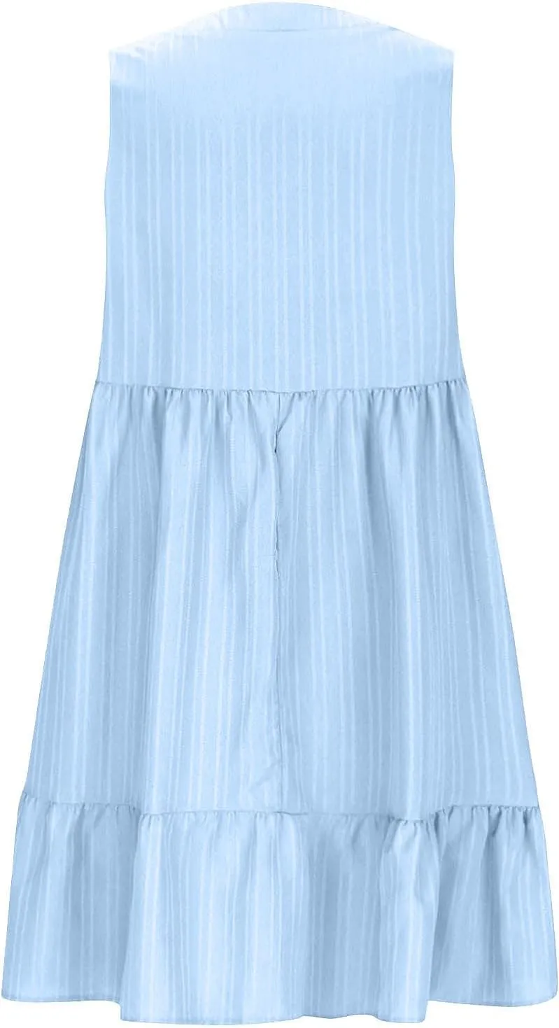 Summer Dresses for Women 2025 Vacation Sleeveless v Neck Mini T Shirt Dress Pleated Ruffle Flowy Beach Sundresses
