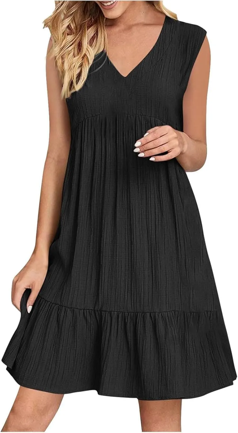 Summer Dresses for Women 2025 Vacation Sleeveless v Neck Mini T Shirt Dress Pleated Ruffle Flowy Beach Sundresses