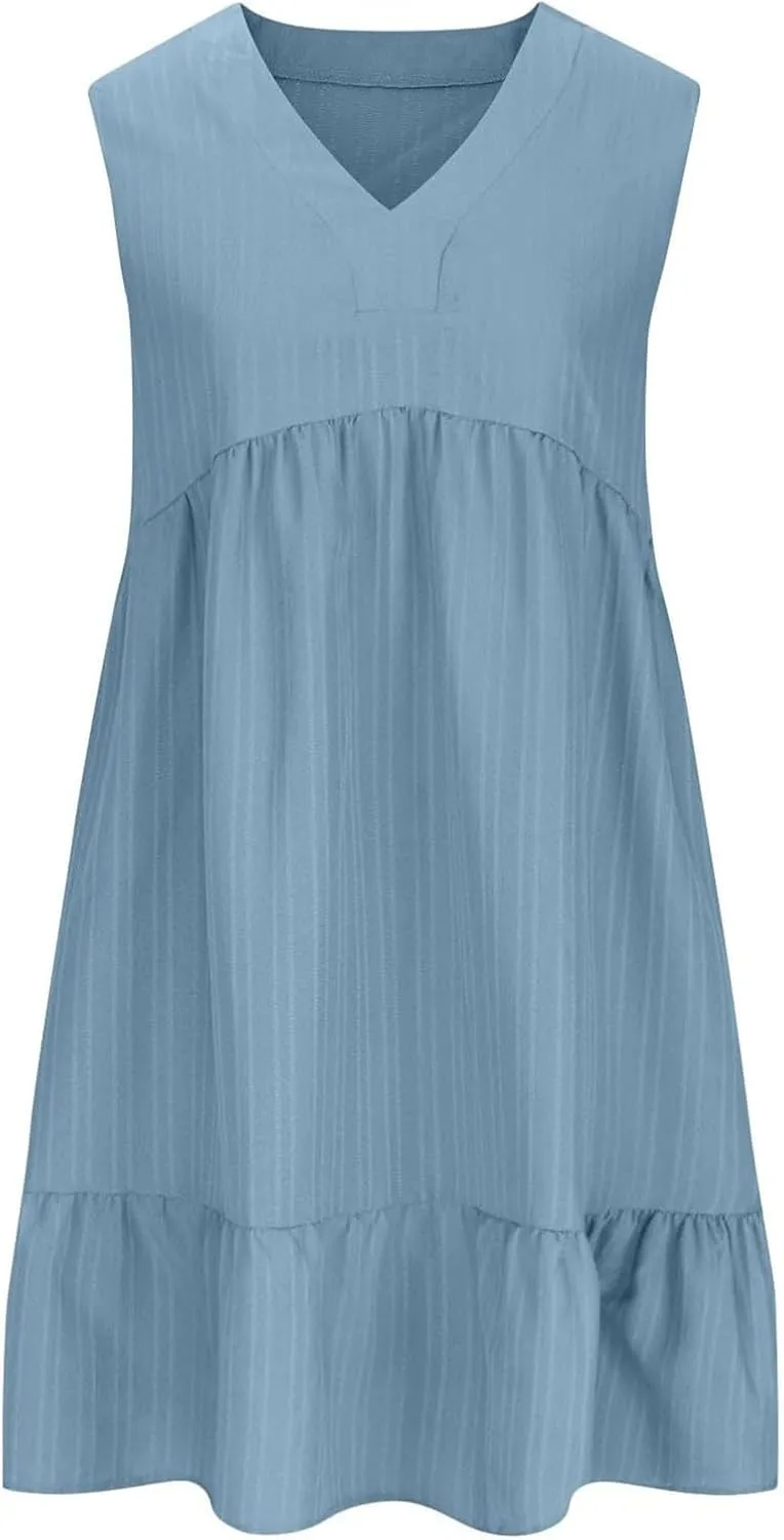 Summer Dresses for Women 2025 Vacation Sleeveless v Neck Mini T Shirt Dress Pleated Ruffle Flowy Beach Sundresses