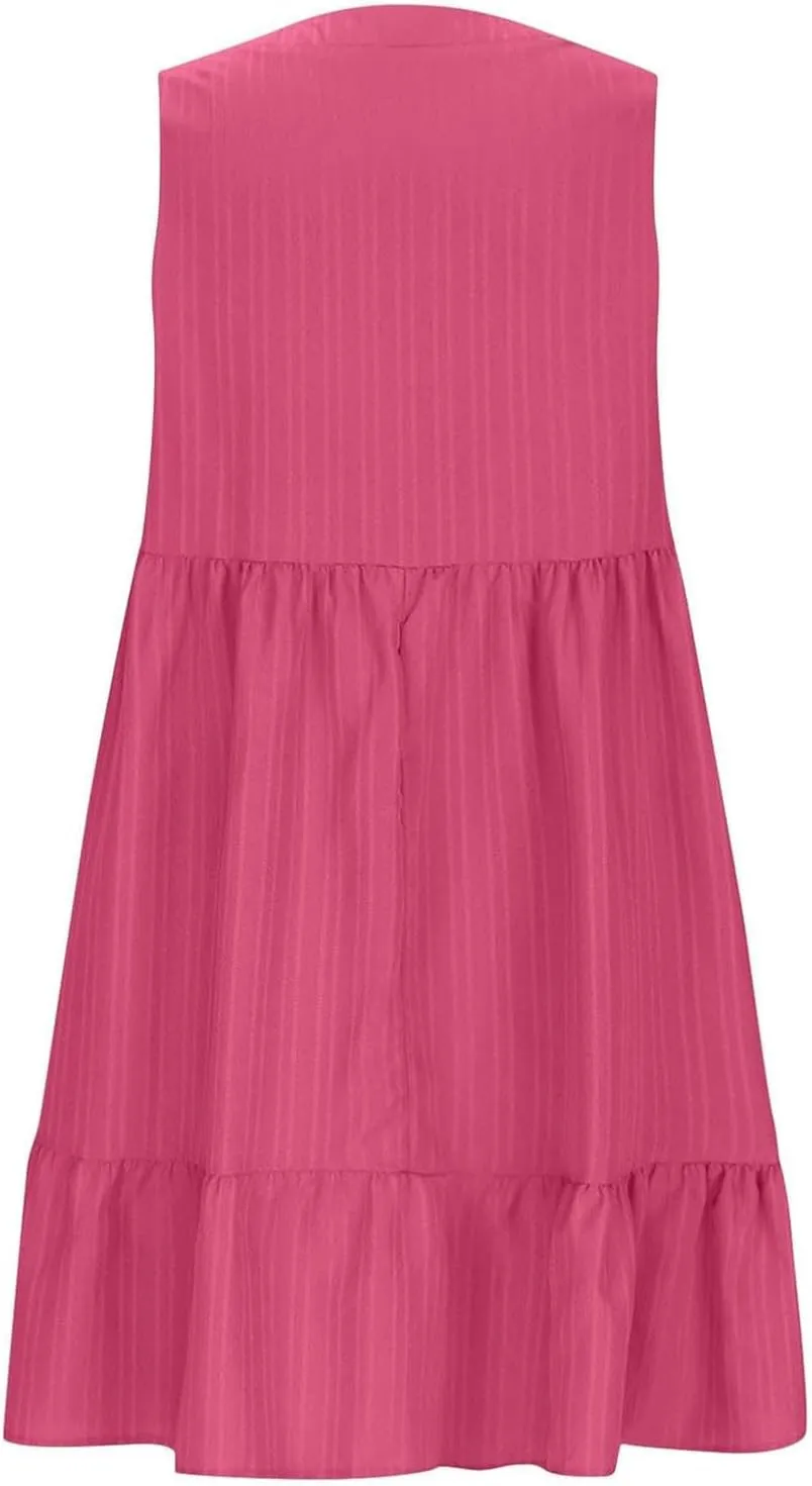 Summer Dresses for Women 2025 Vacation Sleeveless v Neck Mini T Shirt Dress Pleated Ruffle Flowy Beach Sundresses