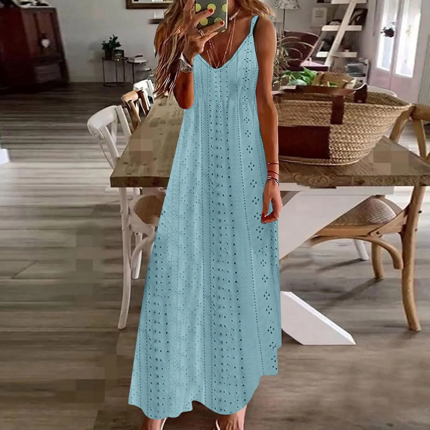 Summer Maxi Dresses for Women 2025 Trendy Beach Vacation Sundress Sexy Spaghetti Strap v Neck Lace Eyelet Dress