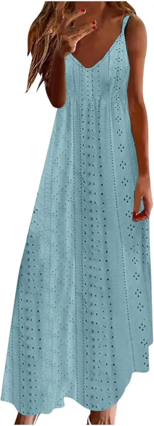 Summer Maxi Dresses for Women 2025 Trendy Beach Vacation Sundress Sexy Spaghetti Strap v Neck Lace Eyelet Dress
