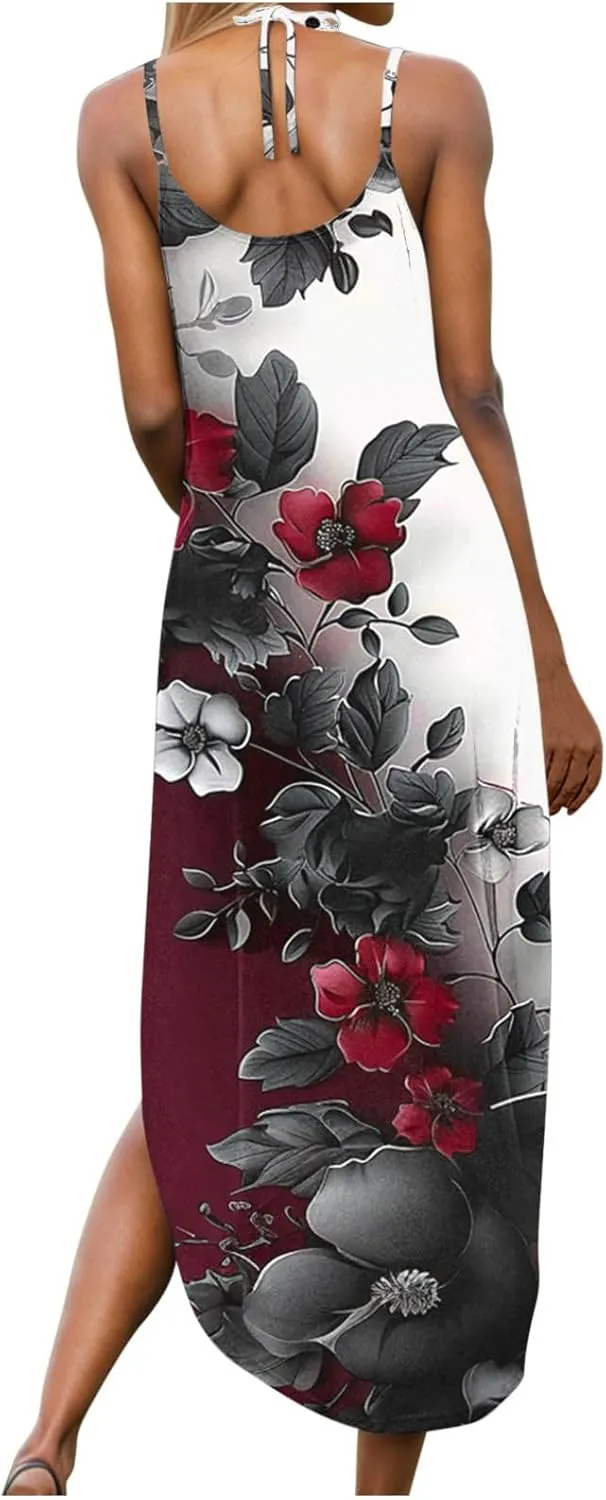 Summer Maxi Long Dresses for Women 2025 Sexy Spaghetti Strap v Neck Split Dress Casual Beach Sundress Vacation Outfits