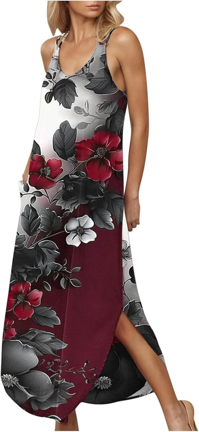 Summer Maxi Long Dresses for Women 2025 Sexy Spaghetti Strap v Neck Split Dress Casual Beach Sundress Vacation Outfits