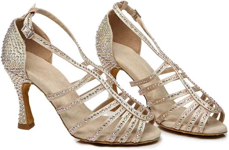 SWDZM Women Latin Dance Shoes Peep-Toe Rhinestone Salsa Chacha Ballroom Professional Performance Practice Dance Shoes