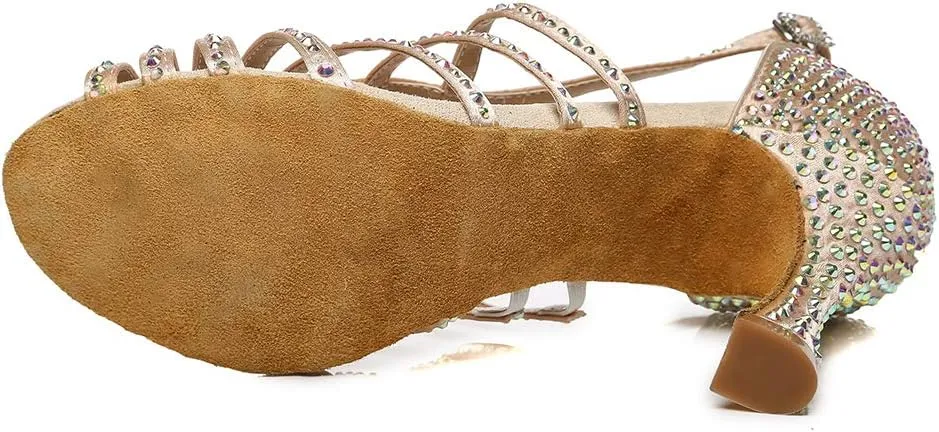 SWDZM Women Latin Dance Shoes Peep-Toe Rhinestone Salsa Chacha Ballroom Professional Performance Practice Dance Shoes