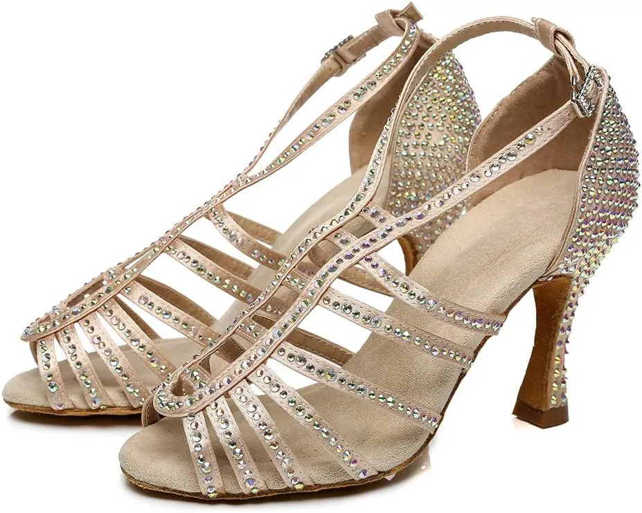 SWDZM Women Latin Dance Shoes Peep-Toe Rhinestone Salsa Chacha Ballroom Professional Performance Practice Dance Shoes