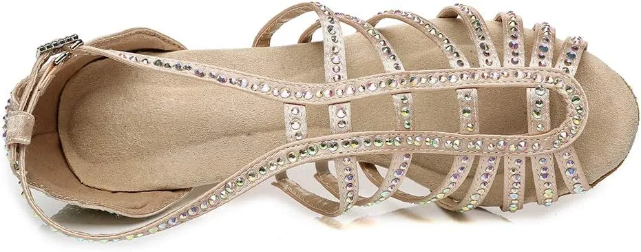 SWDZM Women Latin Dance Shoes Peep-Toe Rhinestone Salsa Chacha Ballroom Professional Performance Practice Dance Shoes