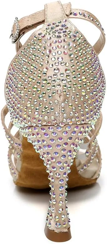 SWDZM Women Latin Dance Shoes Peep-Toe Rhinestone Salsa Chacha Ballroom Professional Performance Practice Dance Shoes