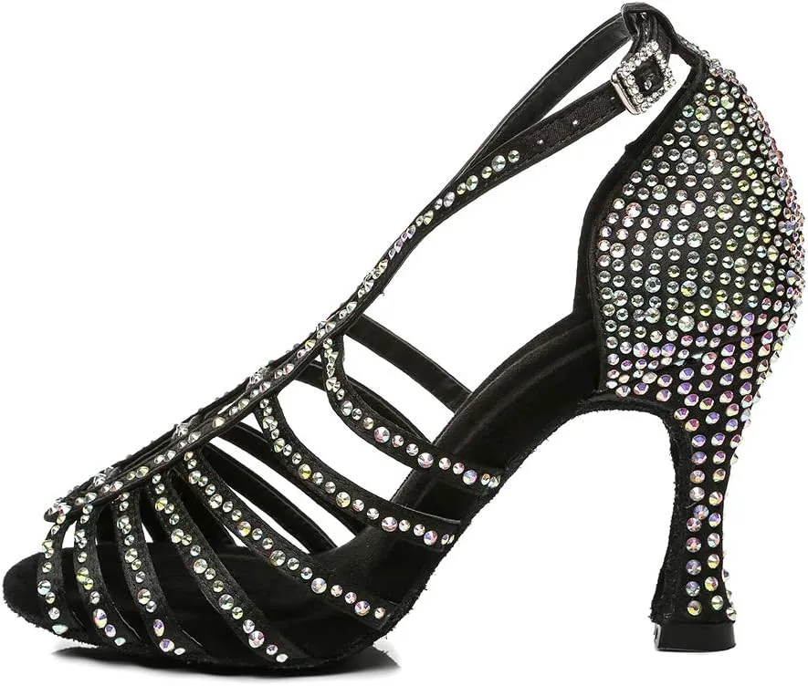 SWDZM Women Latin Dance Shoes Peep-Toe Rhinestone Salsa Chacha Ballroom Professional Performance Practice Dance Shoes