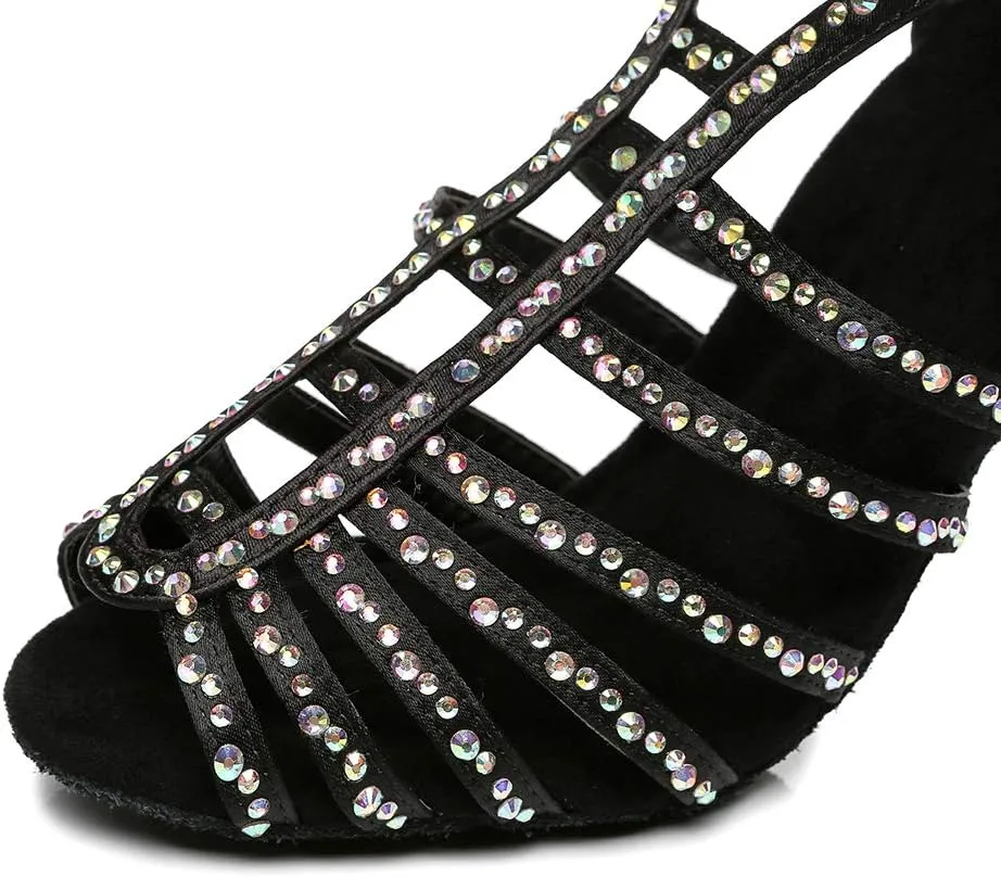 SWDZM Women Latin Dance Shoes Peep-Toe Rhinestone Salsa Chacha Ballroom Professional Performance Practice Dance Shoes