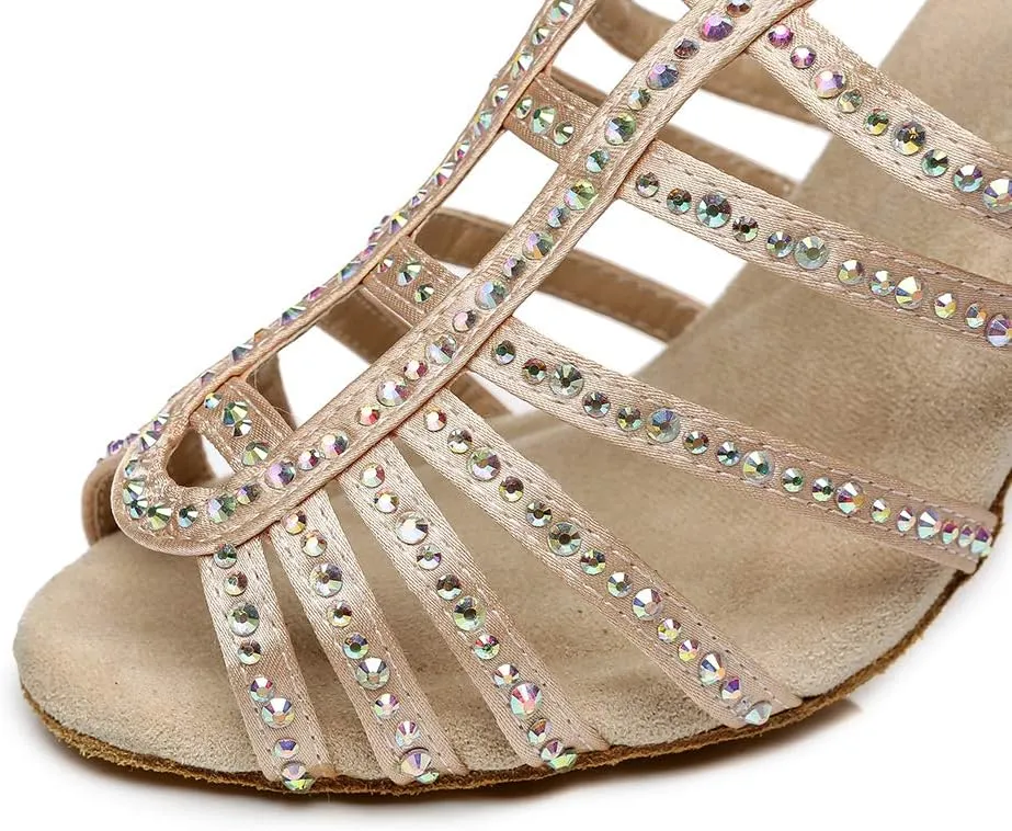SWDZM Women Latin Dance Shoes Peep-Toe Rhinestone Salsa Chacha Ballroom Professional Performance Practice Dance Shoes