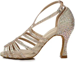 SWDZM Women Latin Dance Shoes Peep-Toe Rhinestone Salsa Chacha Ballroom Professional Performance Practice Dance Shoes