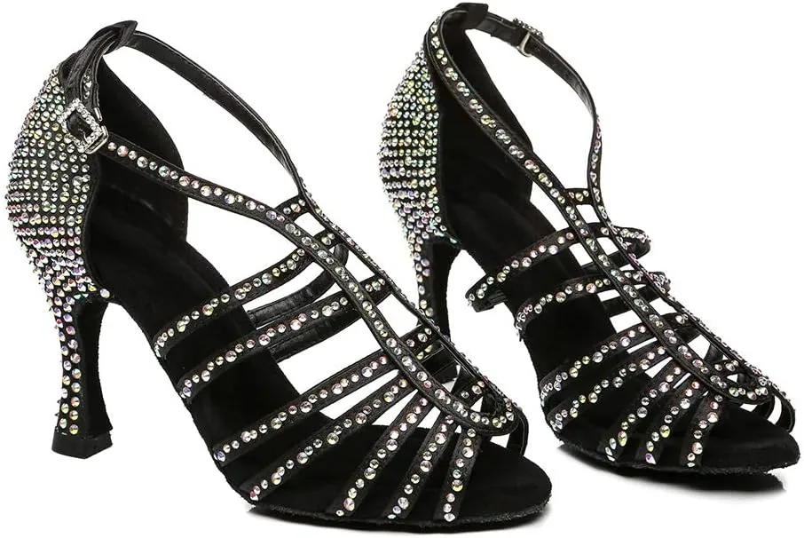 SWDZM Women Latin Dance Shoes Peep-Toe Rhinestone Salsa Chacha Ballroom Professional Performance Practice Dance Shoes