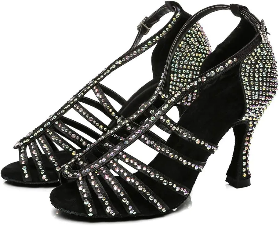 SWDZM Women Latin Dance Shoes Peep-Toe Rhinestone Salsa Chacha Ballroom Professional Performance Practice Dance Shoes