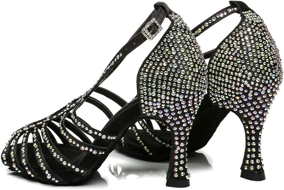 SWDZM Women Latin Dance Shoes Peep-Toe Rhinestone Salsa Chacha Ballroom Professional Performance Practice Dance Shoes
