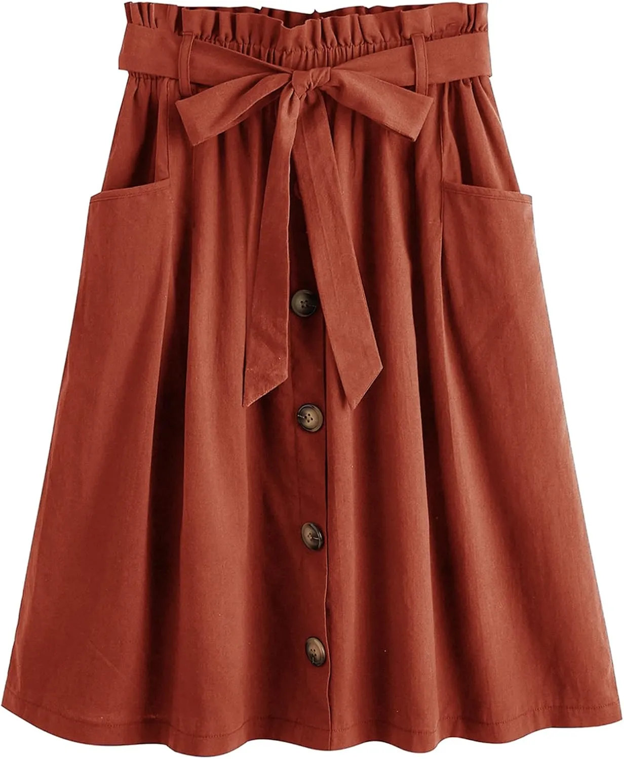 SweatyRocks Women's Casual Paperbag Waist Pleated A-Line Midi Skirt with Pocket