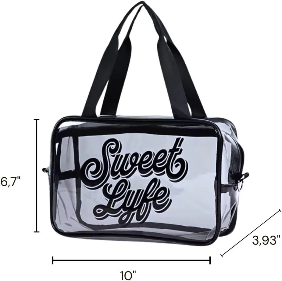 SWEET LYFE Clear Cosmetic Bag with Bright Design, 10x6.7x3.93 inches, Clear Tote Bag (Black)
