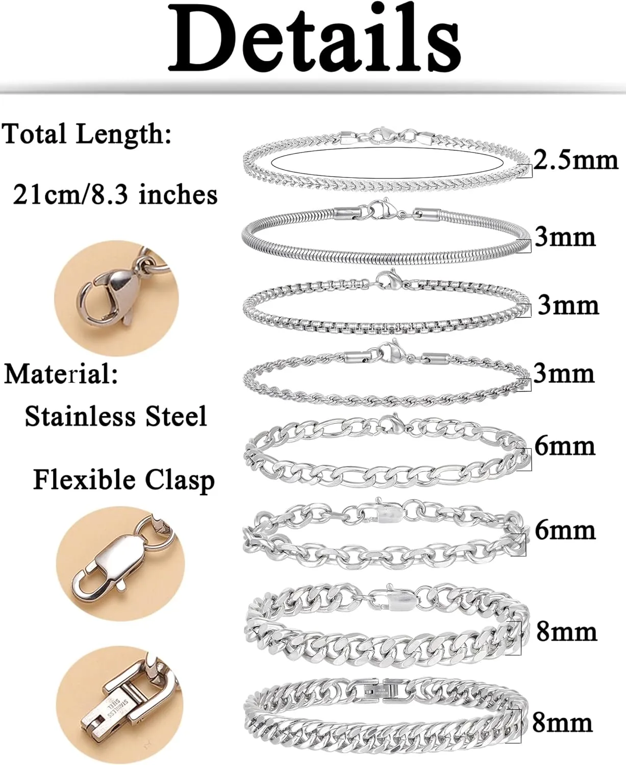 Tornito 8Pcs Chain Bracelet Stainless Steel Curb Width Rope Figaro Cuban Link Paperclip Twist Chain Bracelets Set for Men Women 7.5/8.3/9.0 Inches