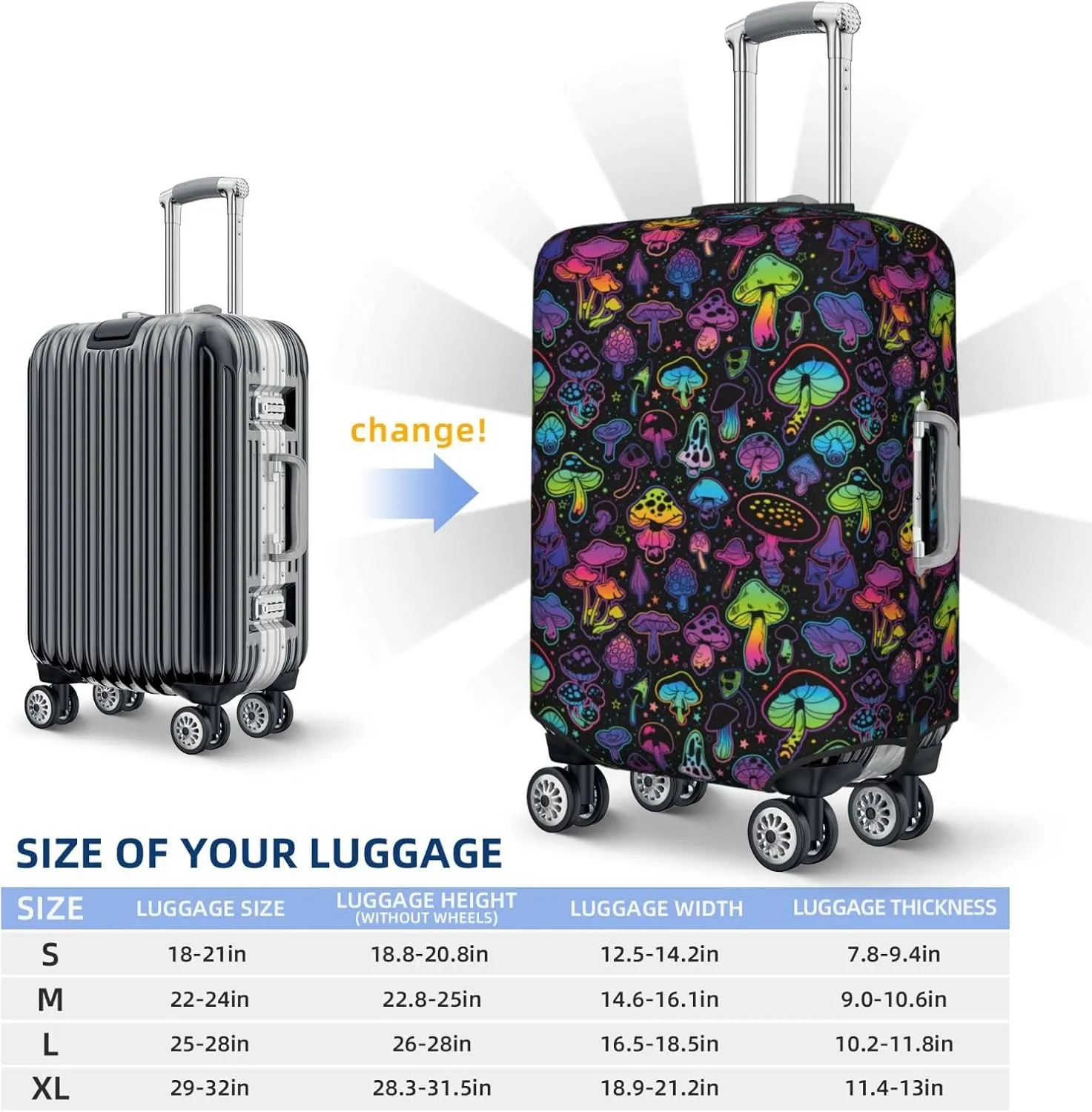 Travel Luggage Cover - Colorful Mushrooms Washable Suitcase Covers Protector Fits 18-32 Inch Luggage