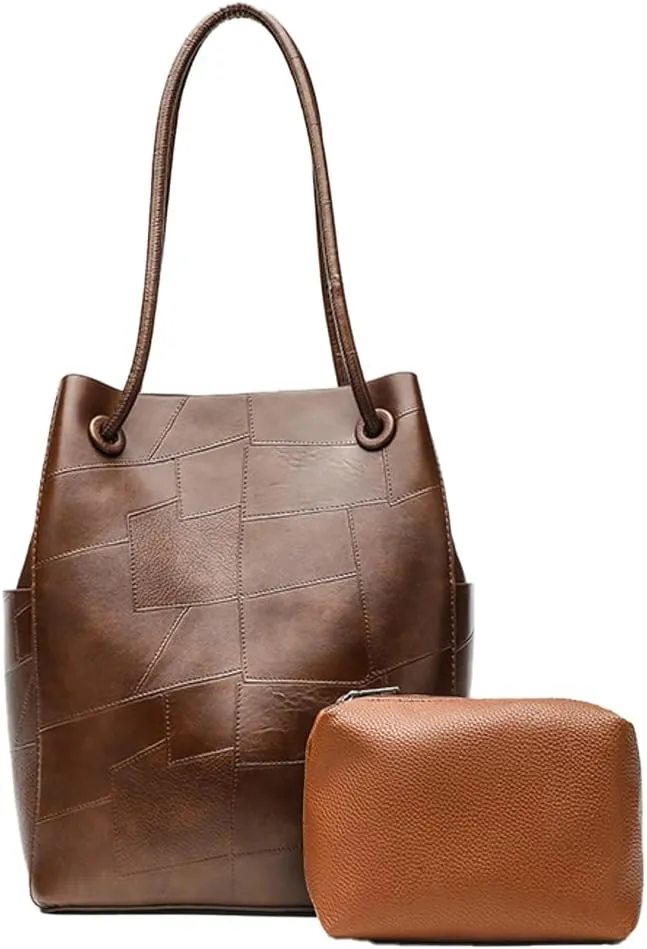 Trendy Retro Soft PU Leather Small 2 Way Bucket Shoulder Bag Office Tote Handbag Crossbody Designer Purse
