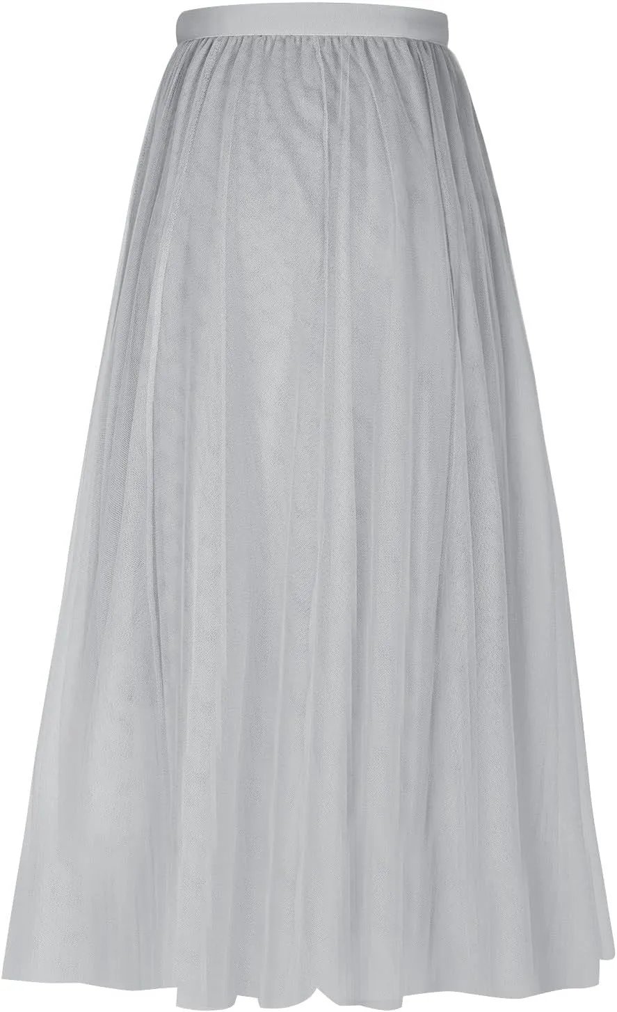 Tulle Skirts for Women Pleated Layered Tutu Skirt Ladies Elegant Flowy Long Skirts Bridesmaid Wedding Midi Skirt