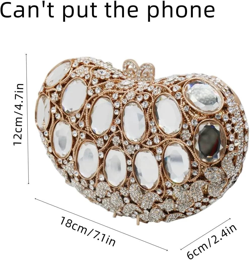 UMREN Cute Heart Shaped Diamond Evening Bag Women Sparkling Rhinestone Clutch Purse Crystal Prom Handbag Wedding Bridal Purse