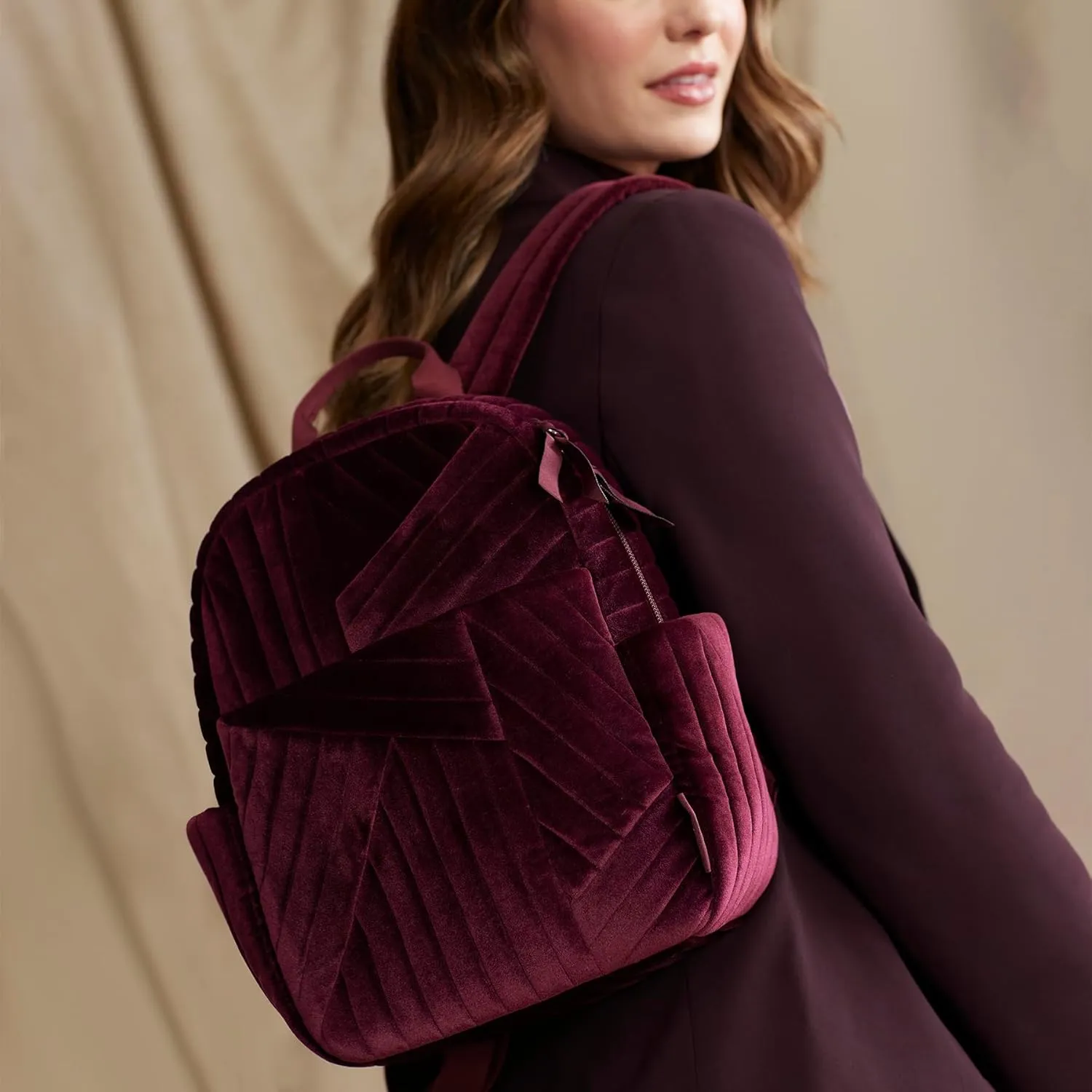 Vera Bradley Women's Velvet Small Backpack Bookbag, Raisin, One Size
