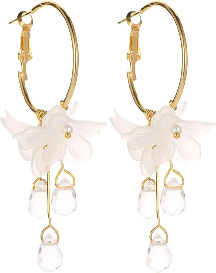 Vintage Flower Fringe Earrings Bohemian Crystal Flower Drop Dangle Drop Earrings Elegant Romantic Shell Pearl Studs Ocean Theme Sweet Double Acrylic Dangle Earrings Jewelry for Women
