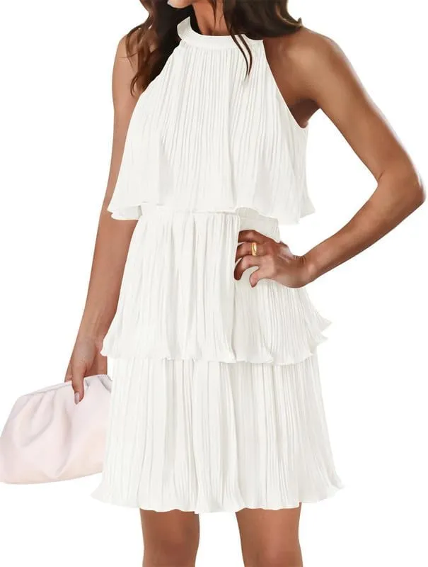 VIVICOLOR Womens 2024 Halter Sleeveless Ruffle Tiered Layered Chiffon Pleated Dresses Mock Neck A Line Swing Mini Dress, Large