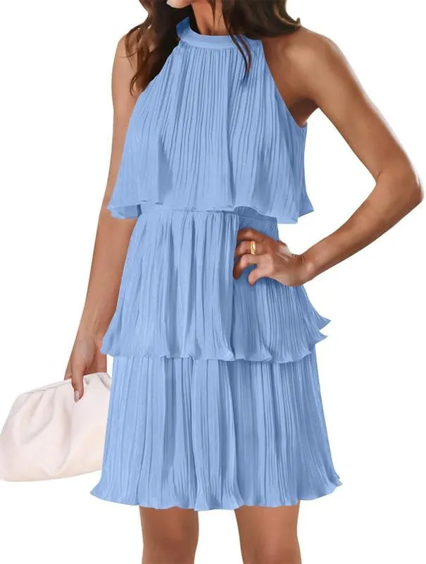 VIVICOLOR Womens 2024 Halter Sleeveless Ruffle Tiered Layered Chiffon Pleated Dresses Mock Neck A Line Swing Mini Dress, X-Large