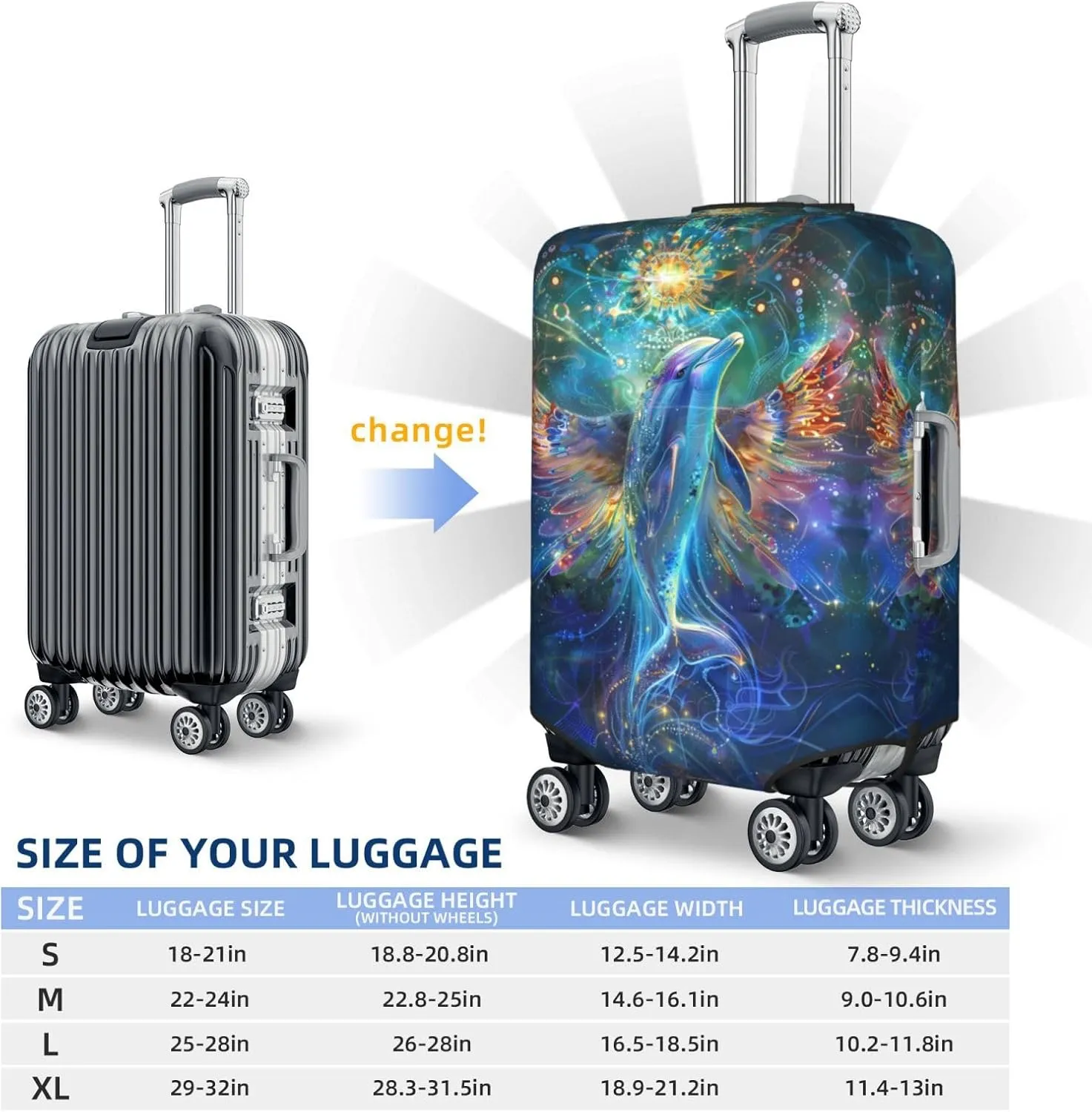 VOSERY Travel Luggage Cover - Colorful Winged Dolphin Washable Suitcase Covers Protector Fits 18-32 Inch Luggage