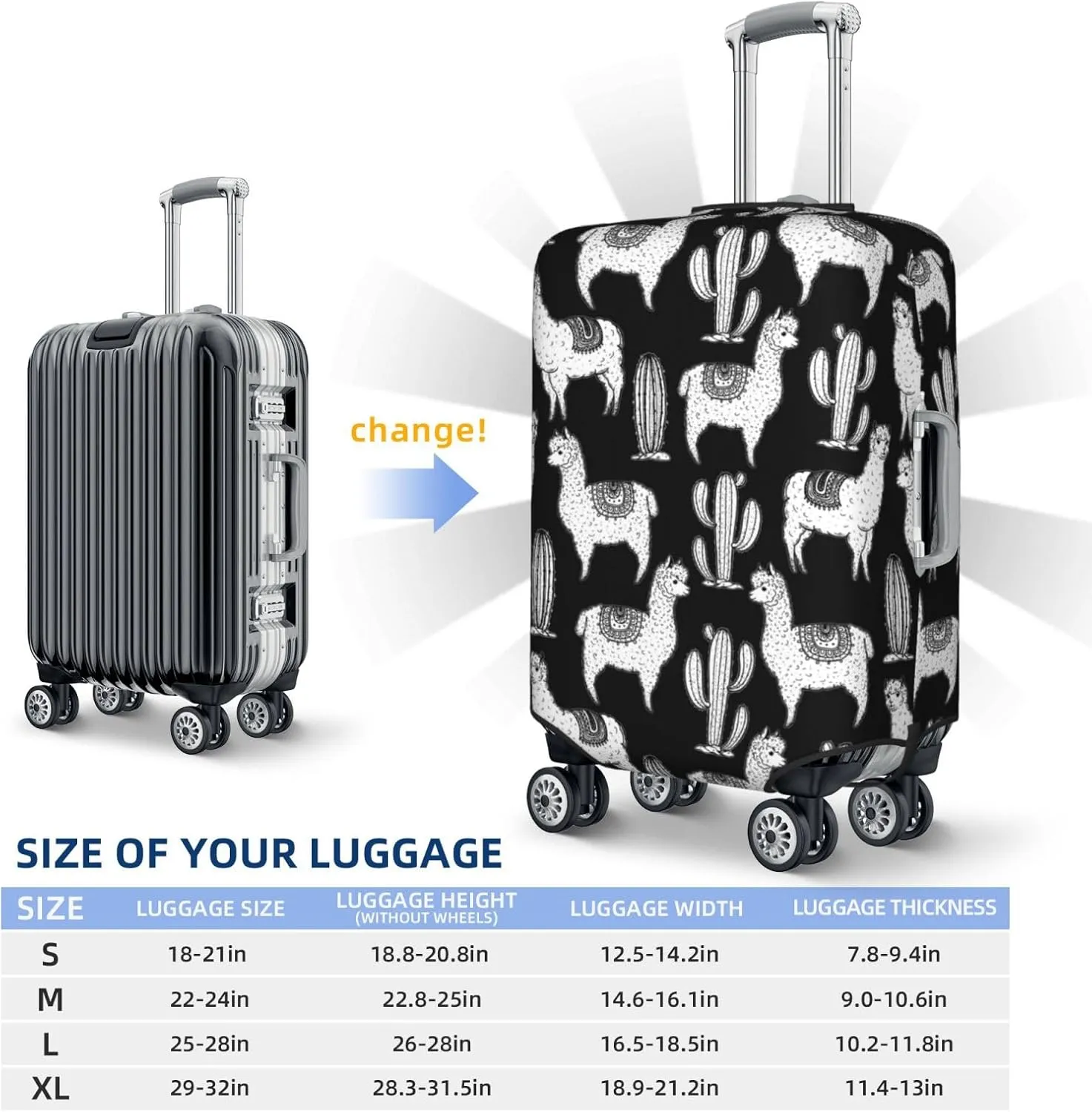 VOSERY Travel Luggage Cover - Cute llamas cactus Alpaca black white Washable Suitcase Covers Protector Fits 18-32 Inch Luggage