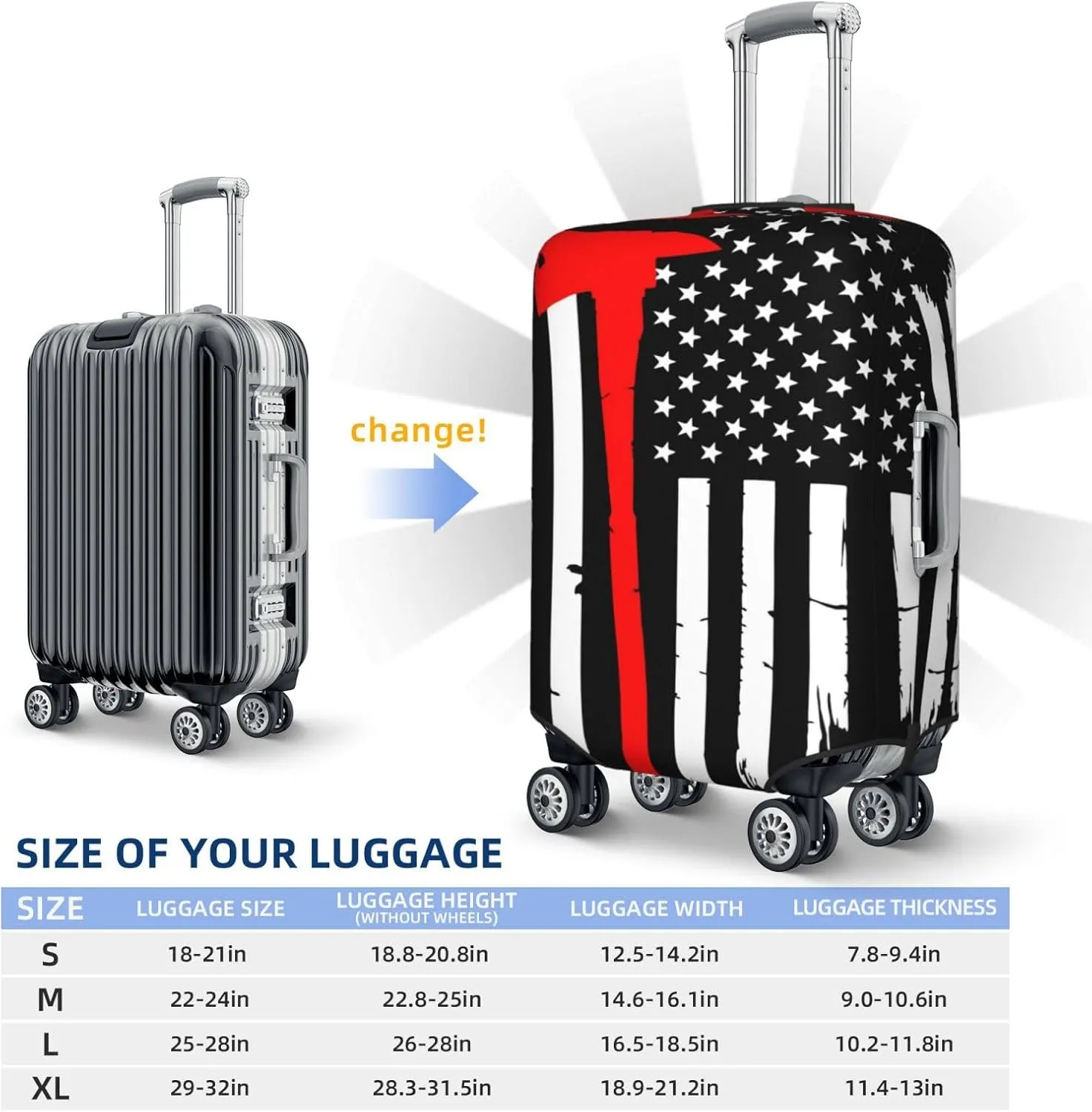 VOSERY Travel Luggage Cover - Firefighters USA Flag Washable Suitcase Covers Protector Fits 18-32 Inch Luggage