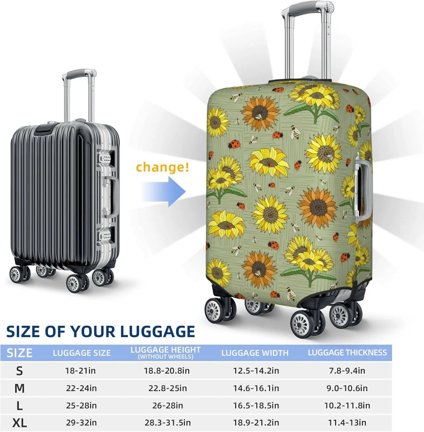 VOSERY Travel Luggage Cover - Sage Green With Sunflowers Washable Suitcase Covers Protector Fits 18-32 Inch Luggage