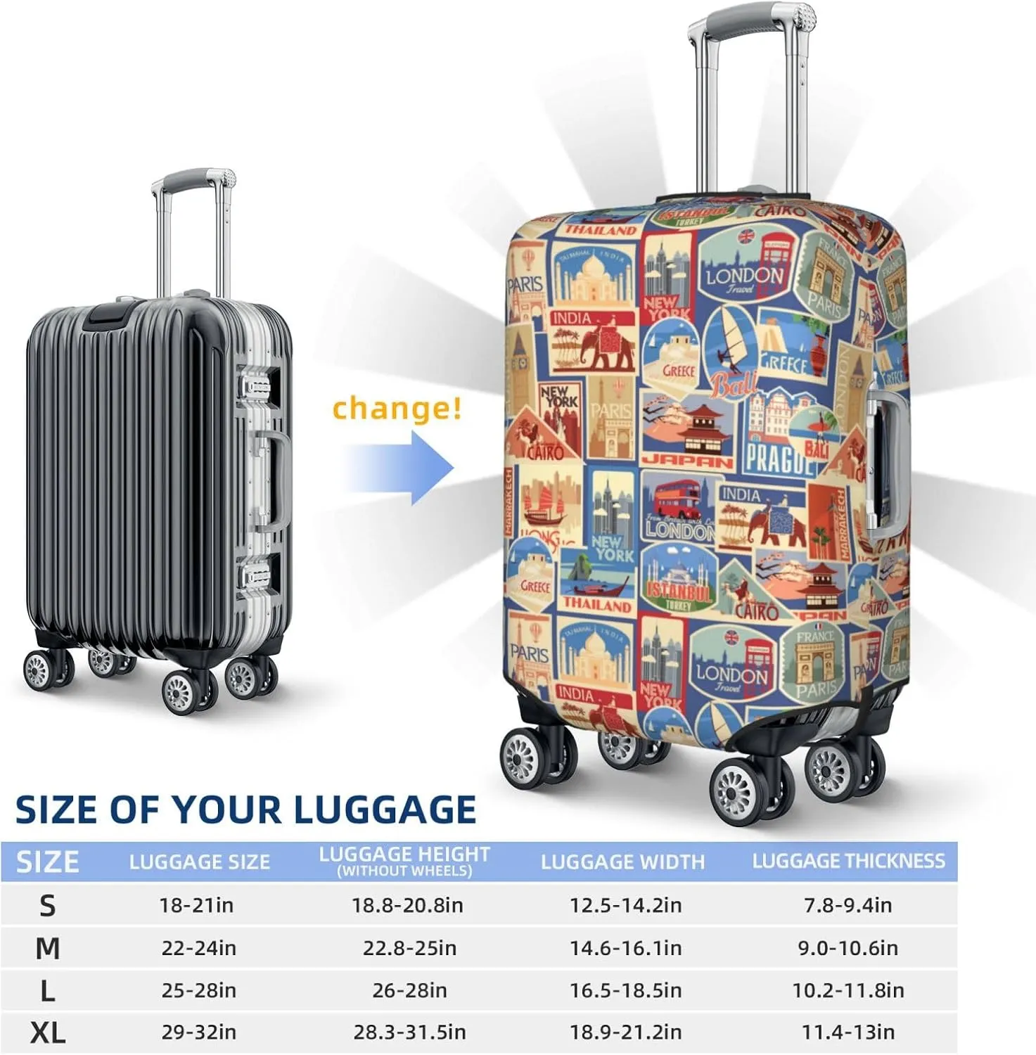 VOSERY Travel Luggage Cover - Set Of Travel Vintage Washable Suitcase Covers Protector Fits 18-32 Inch Luggage
