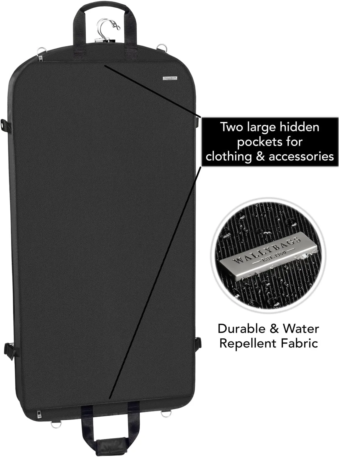 WallyBags 42" Premium Travel Garment Bag with shoulder strap and two large pockets,Black w/Lining