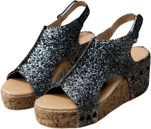 Wedge Sandals For Women Comfortable Dressy Open Toe Ankle Strap Casual Slip on Platform Sparkly Glitter Summer Dress Shoes