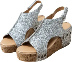 Wedge Sandals For Women Comfortable Dressy Open Toe Ankle Strap Casual Slip on Platform Sparkly Glitter Summer Dress Shoes