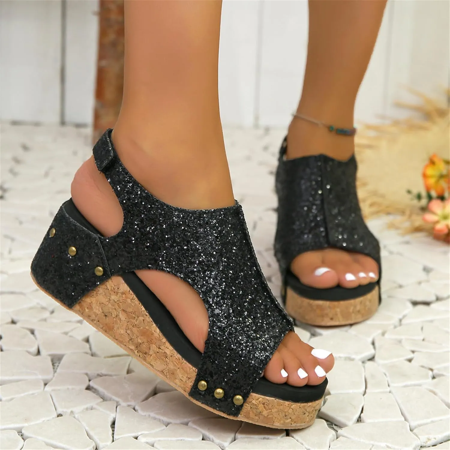 Wedge Sandals For Women Comfortable Dressy Open Toe Ankle Strap Casual Slip on Platform Sparkly Glitter Summer Dress Shoes