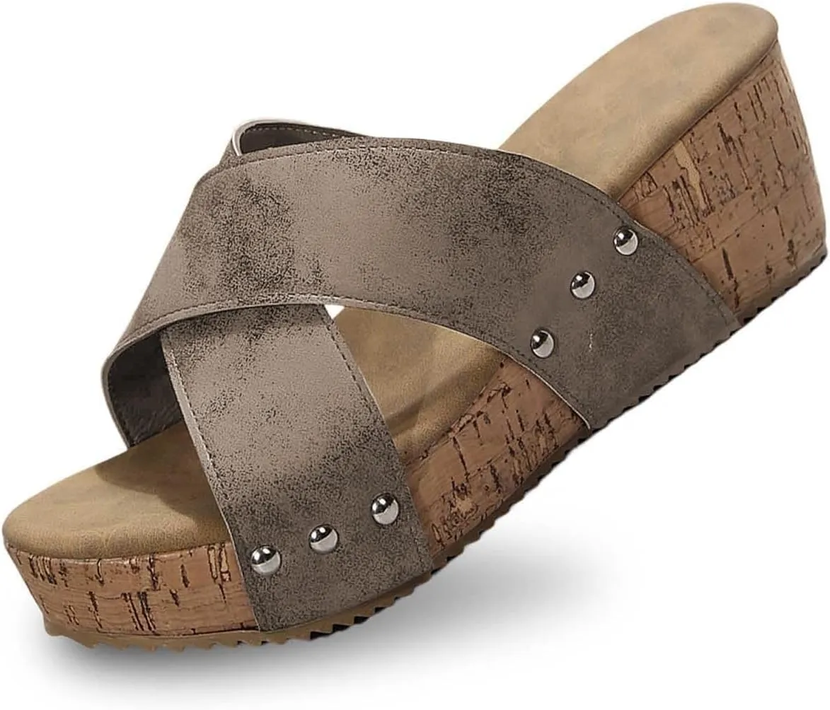 Wedge Sandals for Women Summer Arch Support Orthopedic Sandals Double Strap Slip on Platform Slippers Comfortable Open Toe Breathable Wedge Slippers All Day Comfort