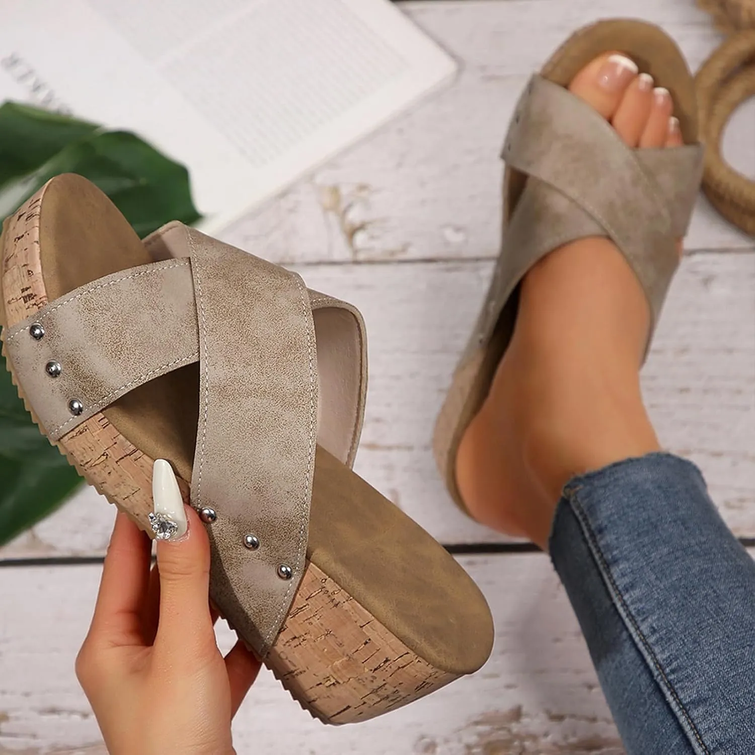 Wedge Sandals for Women Summer Arch Support Orthopedic Sandals Double Strap Slip on Platform Slippers Comfortable Open Toe Breathable Wedge Slippers All Day Comfort