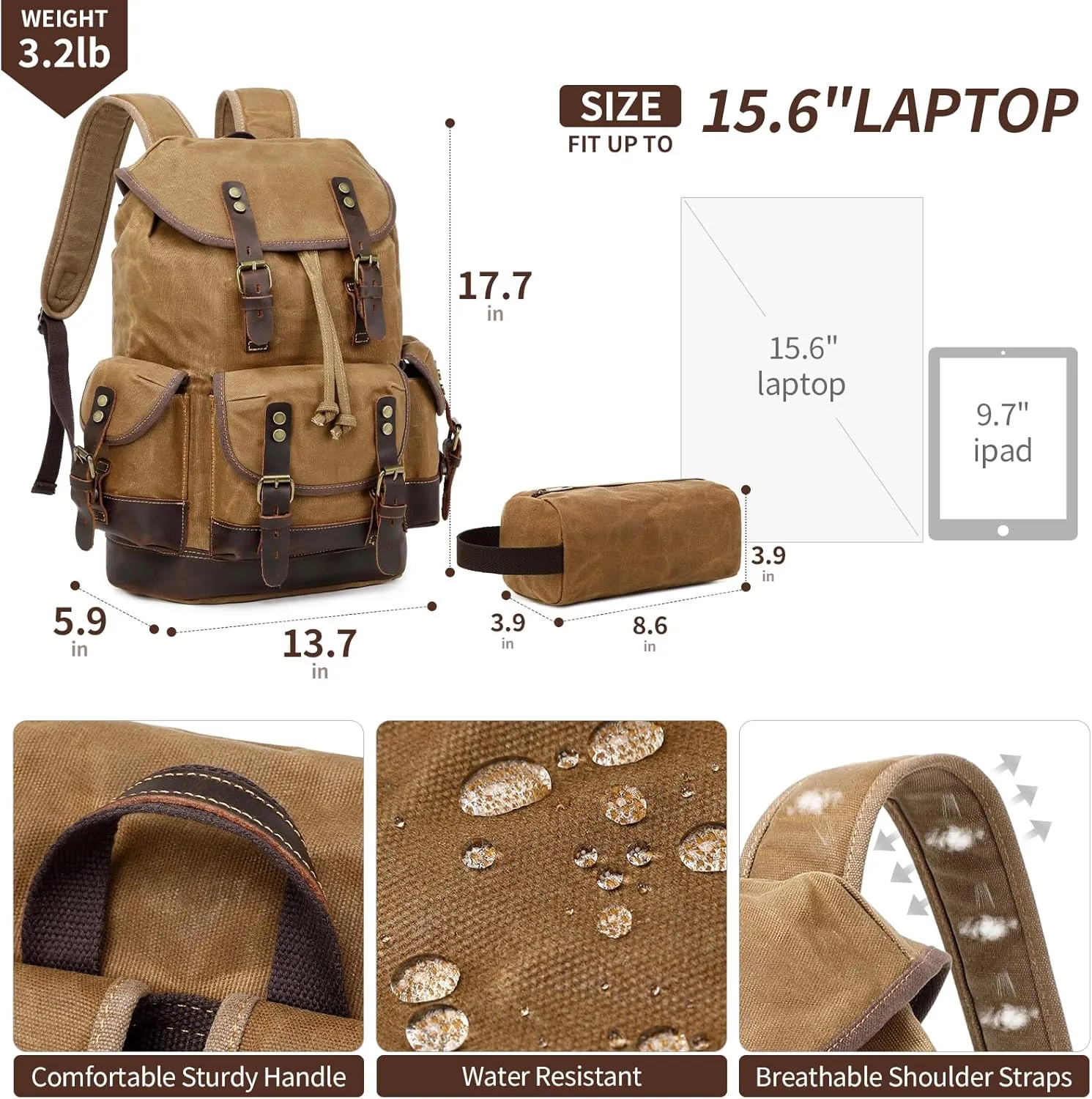 Wogarl Leather Backpack for Men, Waxed Canvas Vintage Backpack Rucksack for Business College Travel Hiking Shoulder Daypacks With Toiletry Bag(Khaki)