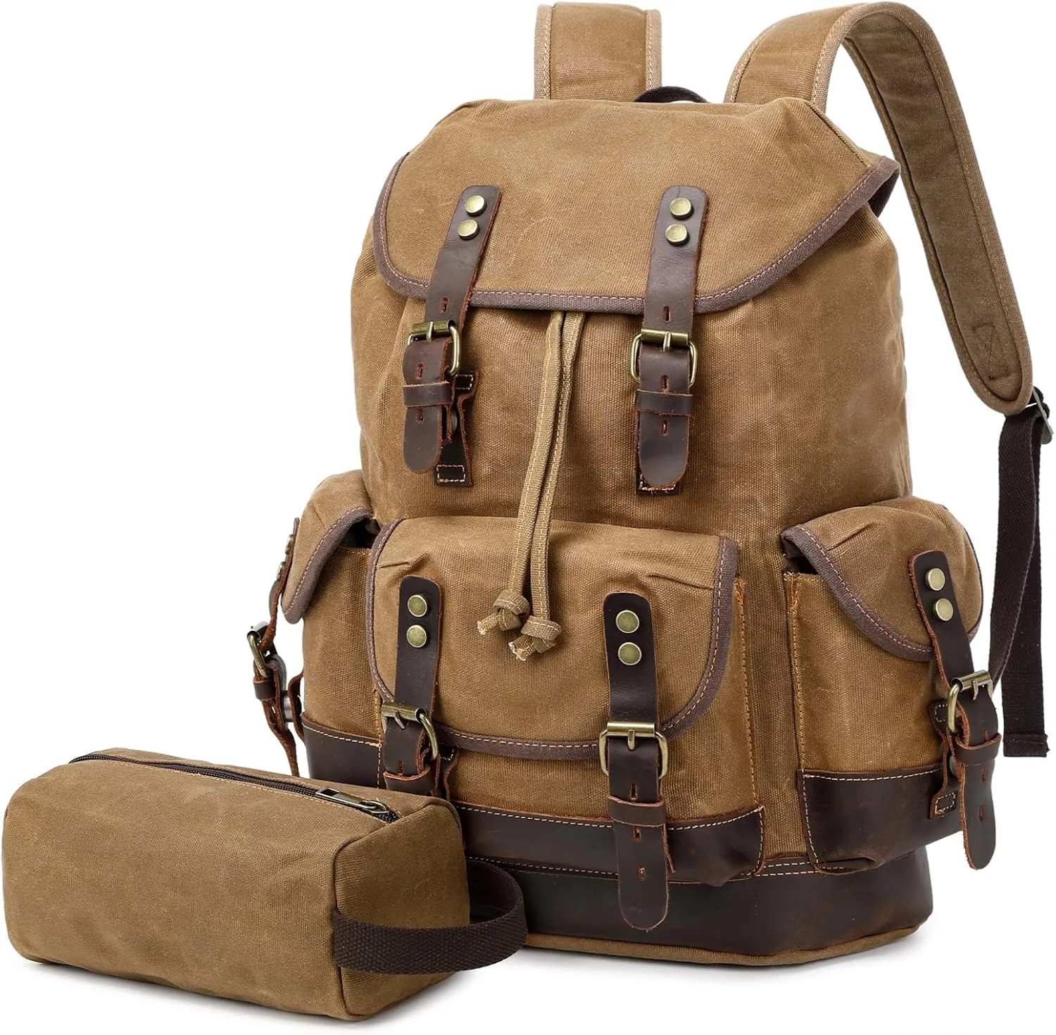 Wogarl Leather Backpack for Men, Waxed Canvas Vintage Backpack Rucksack for Business College Travel Hiking Shoulder Daypacks With Toiletry Bag(Khaki)