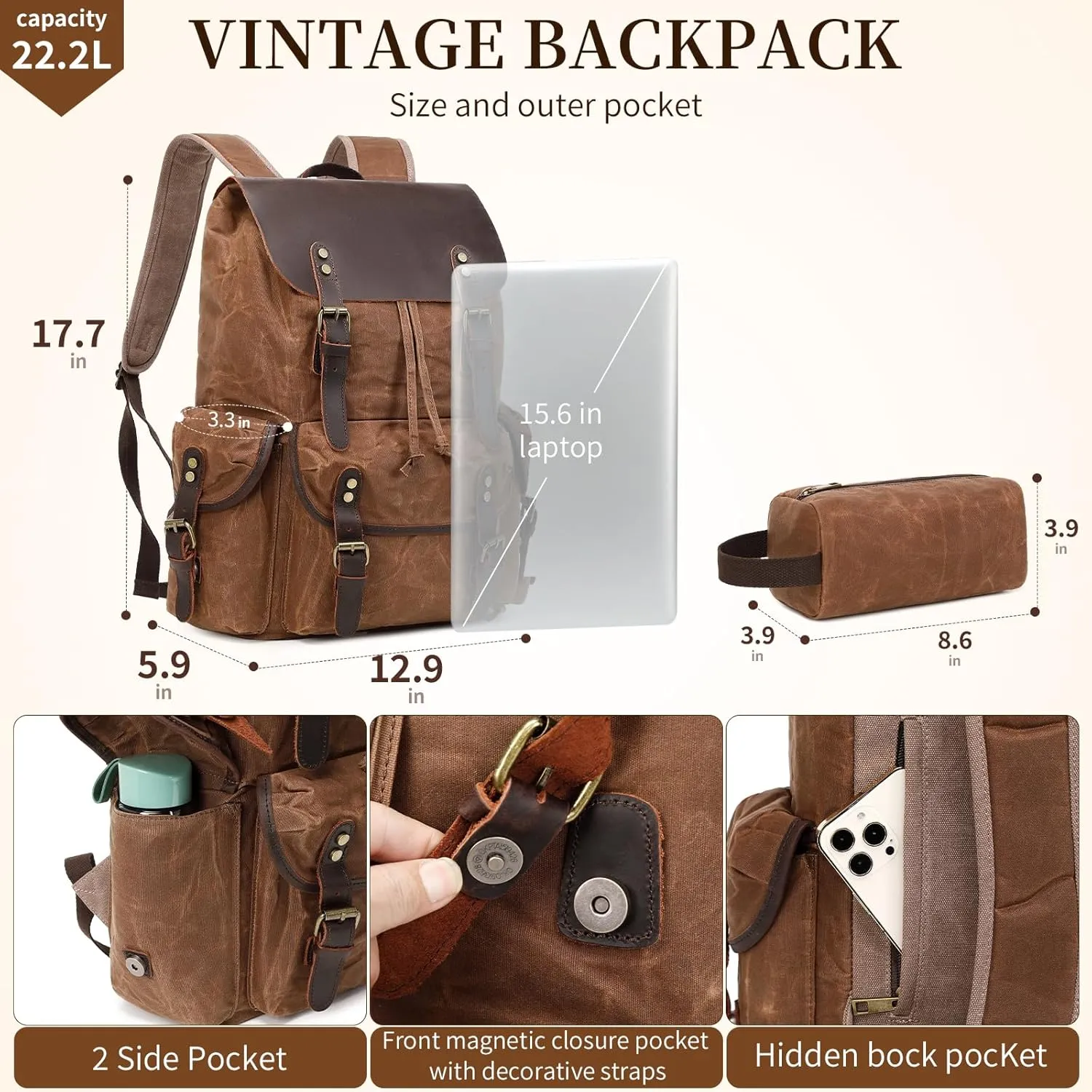 Wogarl Vintage Leather Canvas Backpack, Waxed Canvas Shoulder Rucksack with Toiletry Shoulder Rucksack for Traveling, Camping, Hiking,Business College Fits 17inch Laptop,Coffee