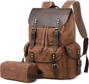 Wogarl Vintage Leather Canvas Backpack, Waxed Canvas Shoulder Rucksack with Toiletry Shoulder Rucksack for Traveling, Camping, Hiking,Business College Fits 17inch Laptop,Coffee
