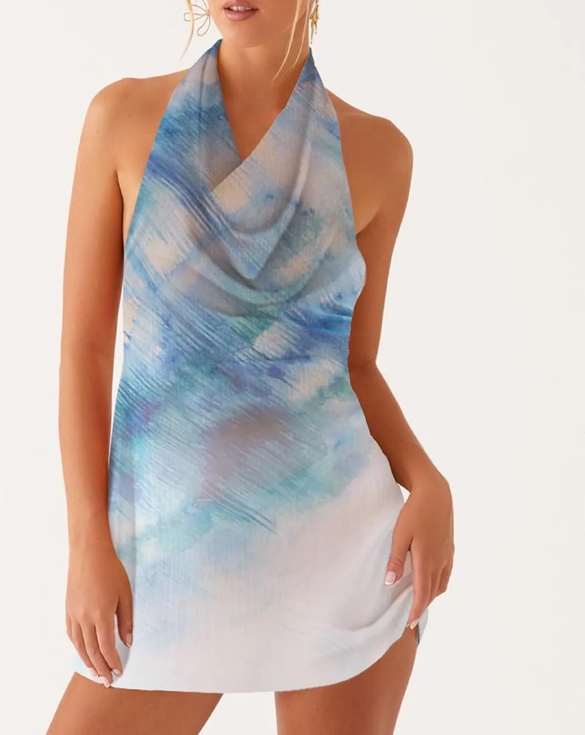 Women Halter Low Neck Mini Dress Sexy Cutout Cowl Neck Sleeveless Short Dress Open Back Night Party Going Out Sundress