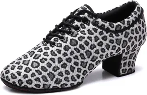 Women Latin Dance Shoes Lace Up Fashion Leopard Print Comfortable Indoor Dance Shoes Ballroom Dance Beginners Pratice Training Shoes (Color : Black Leopard print-5CM/1.96In, Size : 8)
