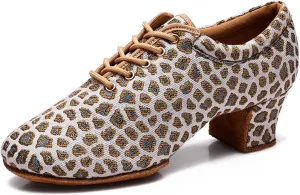 Women Latin Dance Shoes Lace Up Fashion Leopard Print Comfortable Indoor Dance Shoes Ballroom Dance Beginners Pratice Training Shoes (Color : Gold Leopard print-5CM/1.96In, Size : 5.5)